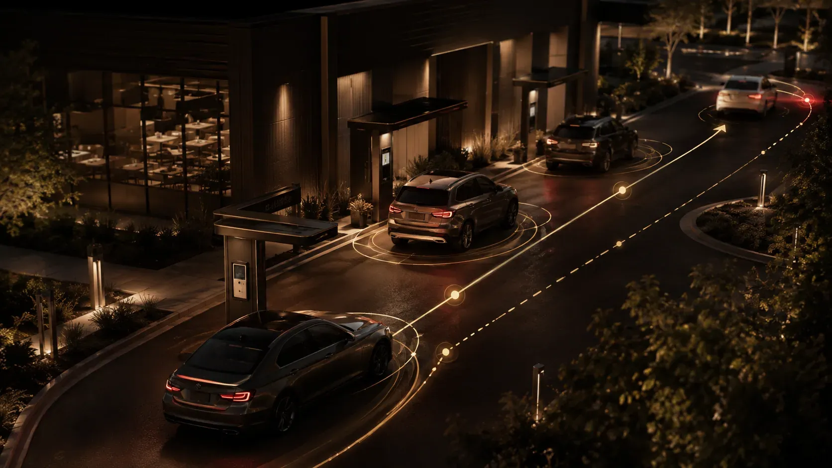 Drive-Thru Vehicle Intelligence: a night drive-thru lane tracked by vehicle-detection rings