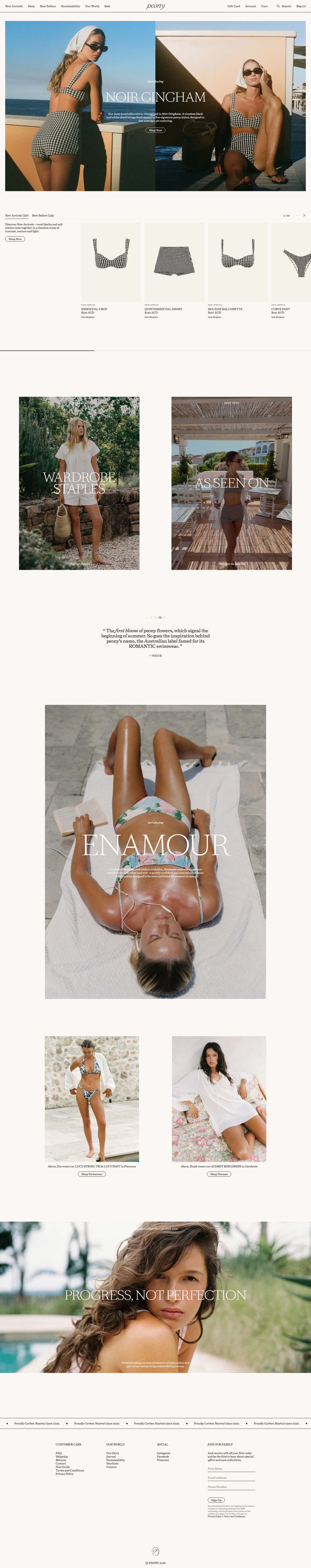 Peony Swimwear homepage: poolside campaign imagery