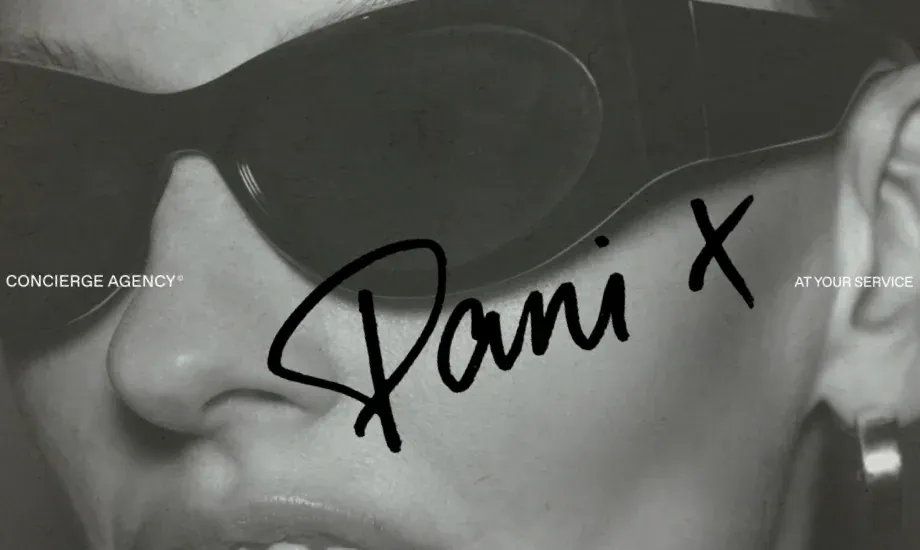 The Concierge Agency: a black-and-white campaign portrait signed "Dani X"
