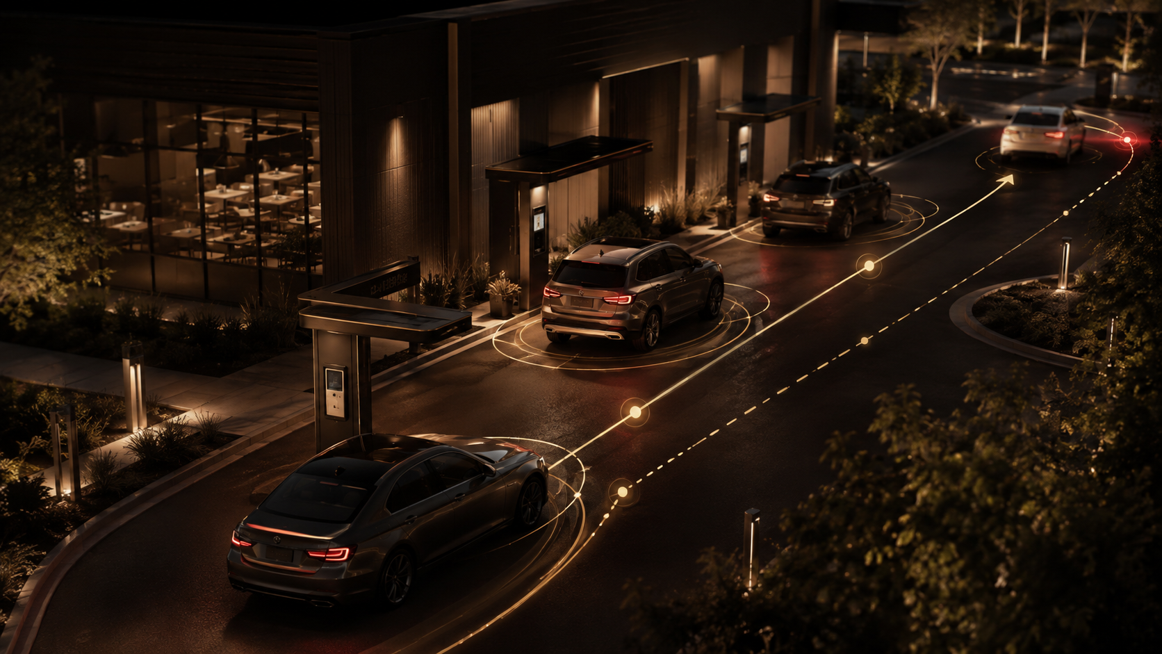 Drive-Thru Vehicle Intelligence — a night drive-thru lane tracked by vehicle-detection rings