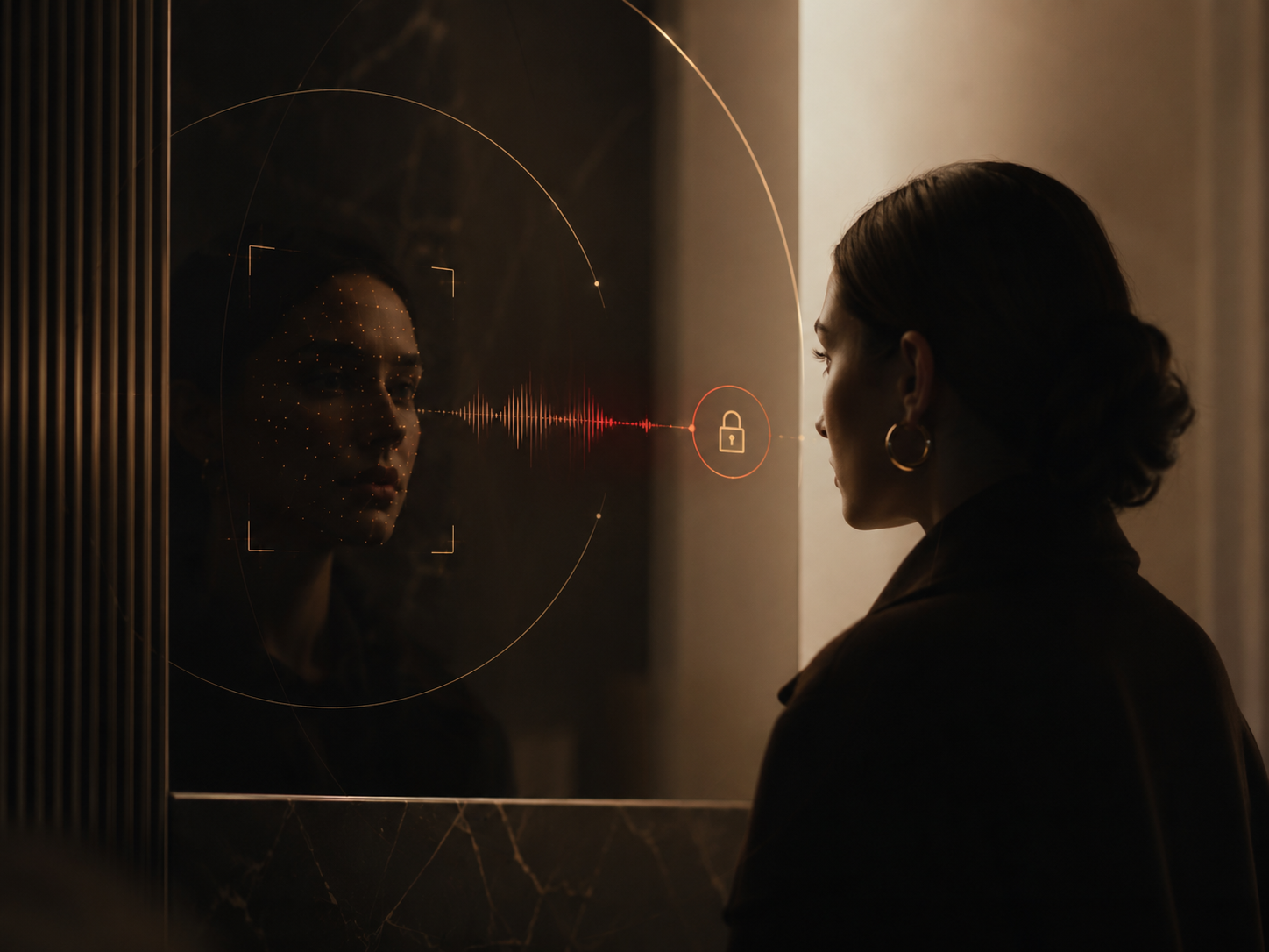 Face Recognition & Voice — a biometric reflection with a voice waveform unlocking access